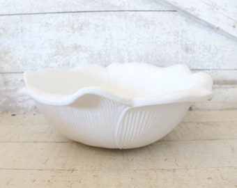 Vintage All-White Flower Shaped Serving Bowl - Ribbed White Bowl with Flower Petals - Farmhouse, Cottage, Country Kitchen White Serving Bowl
