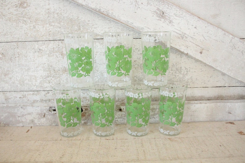 Vintage Green & White Glass Tumblers Set of Drinking Glasses Etsy