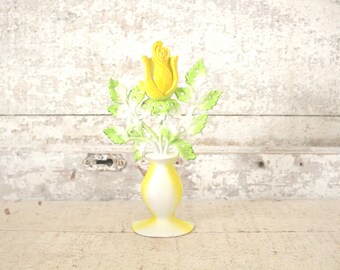 Vintage 1970s Yellow Rose Earring Holder - Painted Metal Jewelry Holder - Yellow Flower Earring Tree Holder - Made by Revere Mfg - Girl Gift