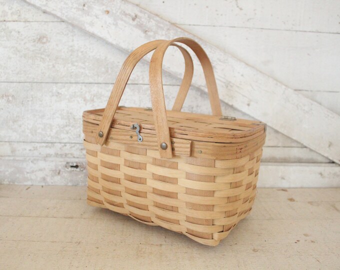 Vintage Oak Splint Picnic Basket Made by West Rindge Baskets of New