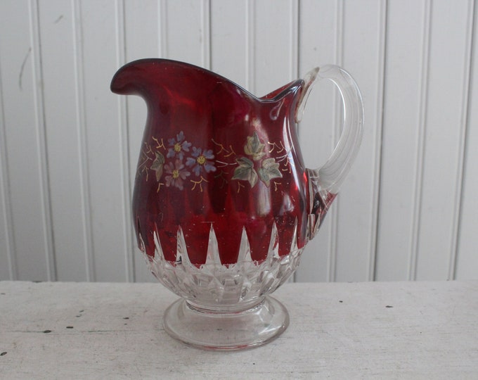 Vintage Ruby Flash Syrup or Cream Pitcher Victorian Ruby Flash Glass Pitcher Hand Painted