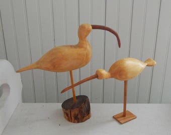 Hand Carved Shore Birds - Artist Signed "WK" - Vintage Hand Carved Curlew, Dowitcher Birds - Folk Art Hand Carved Bird - Set of Two Carvings