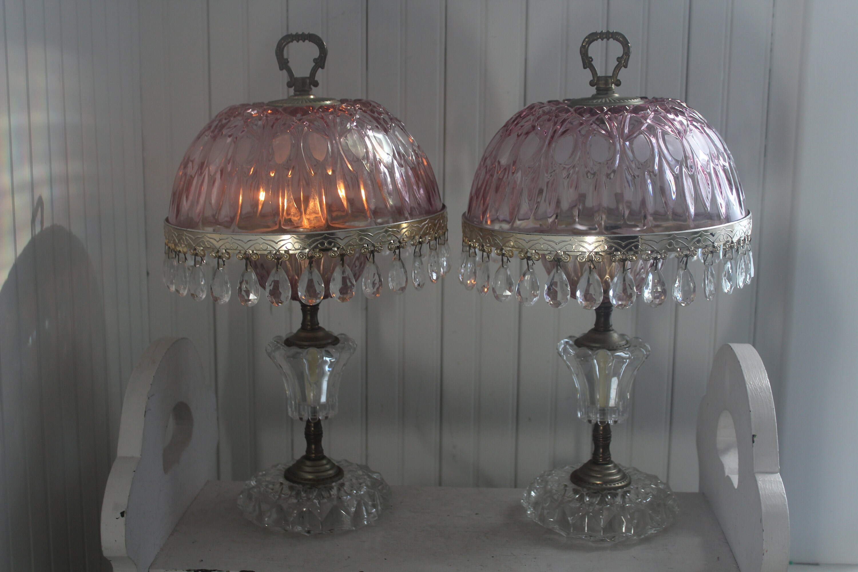 Vintage Pair of Michelotti Pink Crystal Boudoir Lamps Made in