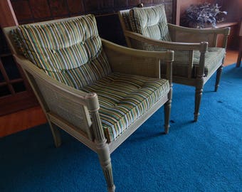 Pair of Ethan Allen Casual Chairs with Wicker Sides and Antique Painted Finish - Great Designer Pieces - Near Mint Condition!