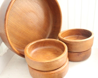 Mid Century Modern Teak Salad Bowl Set - Large Teak Serving Bowl, Four Individual Salad Bowls - 5 piece Set - Dansk Style Design - Salad Set