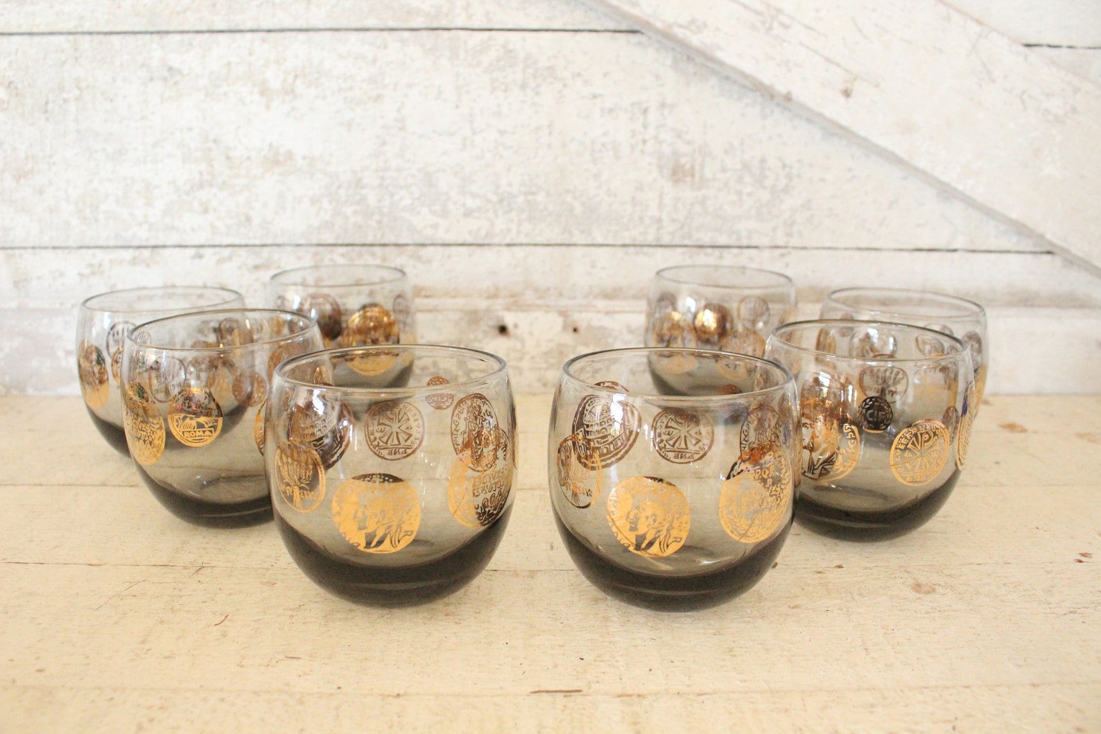 Vintage Gray Smoke Roly Poly Cocktail Set - Gold Greek Coin Cocktail ...