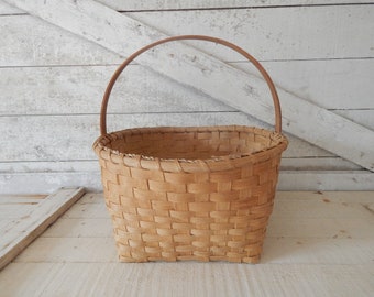 Hand Crafted Oak Wood Handled Wicker Gathering Basket - Vintage Handmade Wicker Splint Handled Gathering Basket - Country Farmhouse Decor