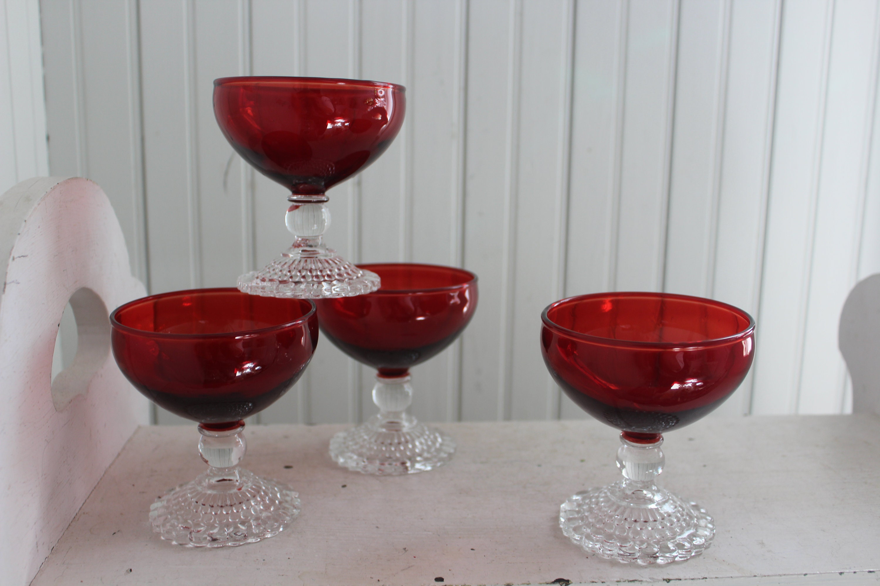 Ruby Red Fluted / Ribbed Wine Glasses With Clear Stem Set of 4 -  Israel