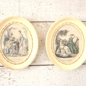 Vintage Paris Fashion Lithograph La Mode Illustree' - Ivory Color Oval Frames with Glass - Set of Two Paris Fashion Prints - Victorian Print