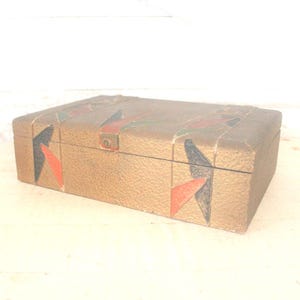 Vintage Gold Decorated Wooden Box with Art Deco Design & Hinged Lid - Perfect for Use As a Jewelry Box, A Letter Box, or Just a Whatnot Box