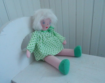 Charming Handmade Rag Doll with Green Cotton Dress and Bloomers - Hand Painted and Embroidered Face - Collectible Rag Doll - Baby Gift