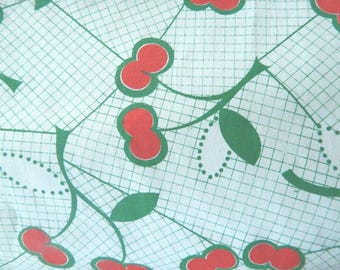 Mid Century Modern Cherry Print Fabric Remnant – 1970s Red & Green