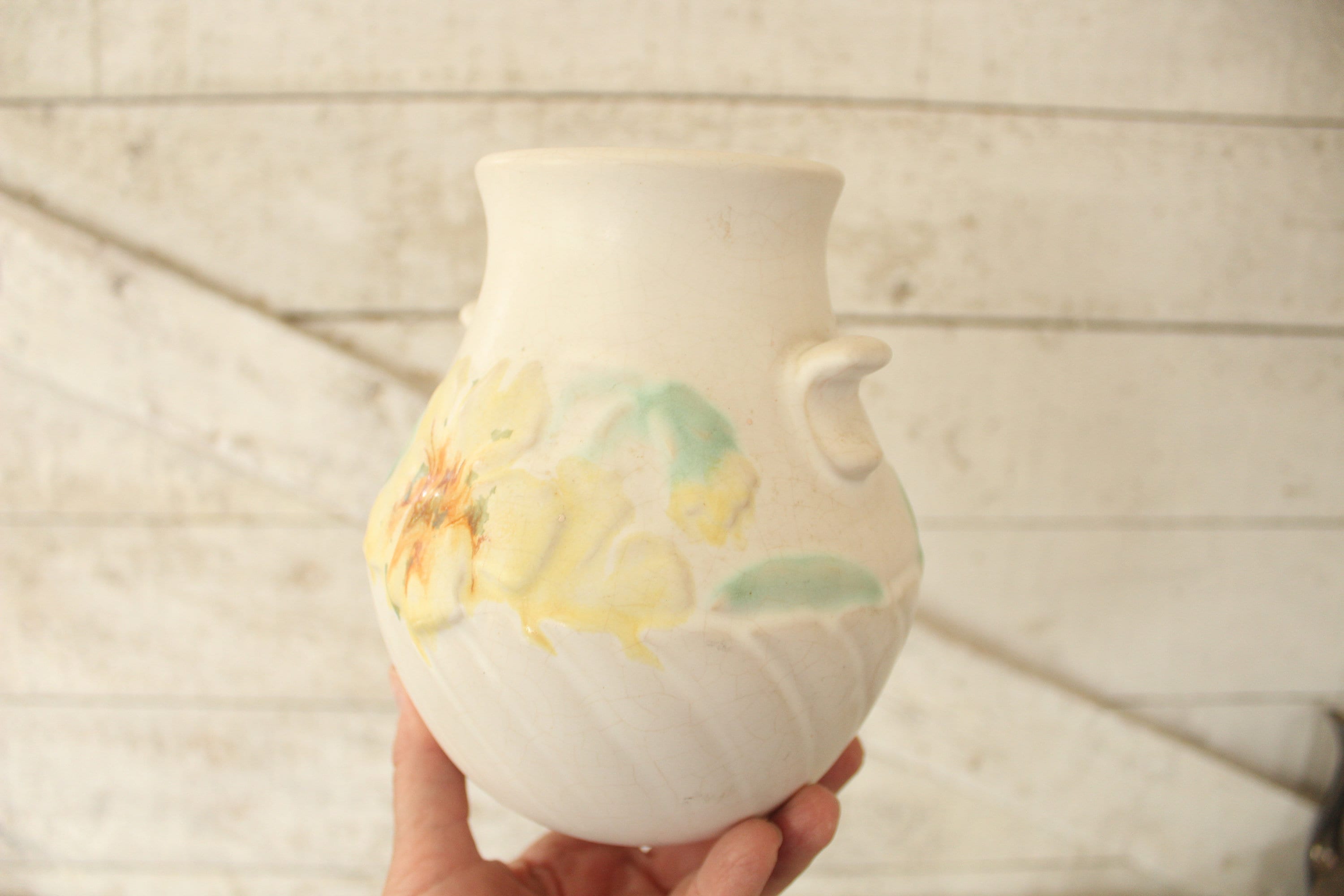 Vintage Weller Panella Vase - Handles & Hand Decorated Yellow