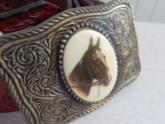 Hand Tooled Western Leather Belt – Embossed Horses, Size 36  display picture 3