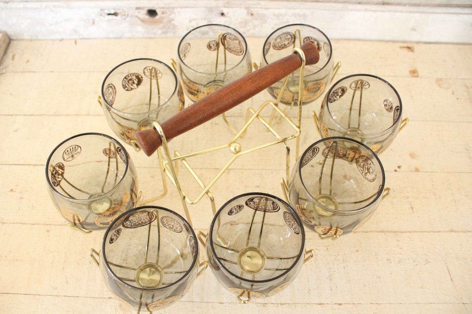 Vintage Gray Smoke Roly Poly Cocktail Set - Gold Greek Coin Cocktail ...