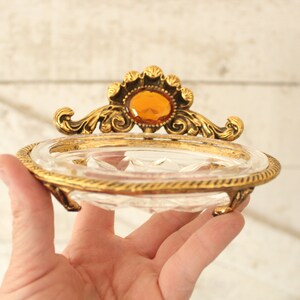 Vintage Ormolu Regency 7-Piece 1960s Vanity Set with Lg Amber Jewel - Hollywood Regency Vanity Set Includes, Tray, Perfume, Glass, Soap Dish image 3