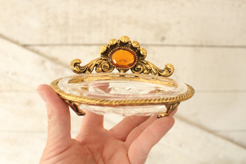 Vintage Ormolu Regency 7-Piece 1960s Vanity Set with Lg Amber Jewel - Hollywood Regency Vanity Set Includes, Tray, Perfume, Glass, Soap Dish image 3