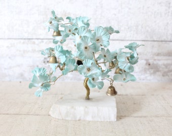 Vintage Prosperity Tree w/ Alabaster Base - 1970s Flower Tree w/ Brass Bells - 1980s Prosperity Tree w/ Teal Blue Silk Flowers & Brass Bells