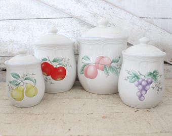 Juego de 4 botes de cerámica vintage estilo "Grandma Core" / "Cottage Core" para frutas - Tarros de almacenamiento de cocina blancos con tapa