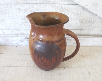 Vintage Hand Thrown Studio Art Pottery Pitcher - Water, Milk, Drink Pitcher - Artist Potter Signed - Rustic Thrown Pottery Pitcher w/Handle