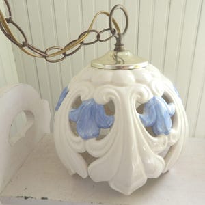 Reticulated White Ceramic Globe Plug-In Swag Light - Eclectic Bohemian White / Blue Ceramic Plug-In Swag Lamp - 1970s White / Blue Swag Lamp