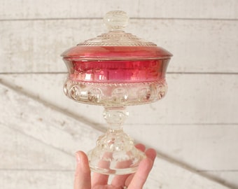 Vintage Ruby Flash King's Crown Pedestal Covered Candy Dish - Tiffin King's Crown Ruby Collectible Glassware - Covered Pedestal Candy Dish