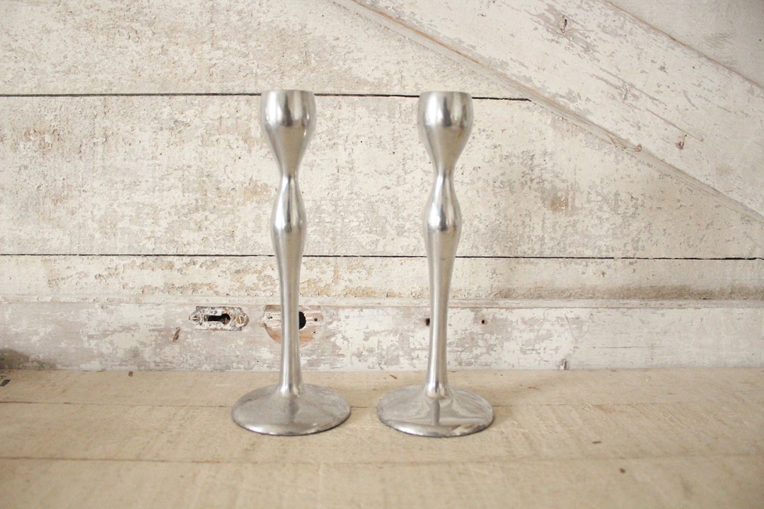 Vintage Heavy Steel Candlesticks Industrial Decor Steel Candleholders Set of 2 Silver