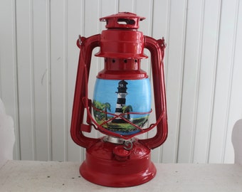 Vintage Hand Painted Lantern with Lighthouse Art - Artist Painted Glass Lantern Featuring Lighthouse - Lighthouse Lantern - Red Oil Lantern