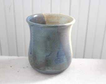 Vintage Hand Thrown Studio Pottery Vessel, Vase - Hand Crafted, Blue and Oatmeal Glazed Pottery Vase - Artist Signed Handmade Pottery Vase