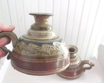Vintage Rustic Hand Thrown Studio Pottery Candlestick Holders - Primitive, Antique Style Candle Holders - Matching Studio Candle Holders