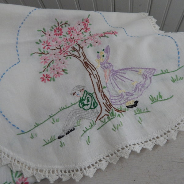 Vintage Embroidered White Dresser Scarf with Hand Crochet Lace Edge - 1960s Embroidered Dresser Linen w/Blooming Tree & Little Girl and Boy