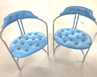 Vintage 1960s Chrome Craft Peacock Blue Chrome Accent Chairs - Pair of Tufted Peacock Blue Chrome Side Chairs - Pr Mid Century Chrome Chairs