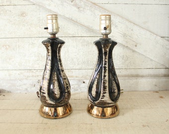 Vintage Mid Century Modern Pair of Black & Gold Ceramic Accent Lamps - Metallic Gold / Black Design - Pair Atomic Era of Accent Table Lamps