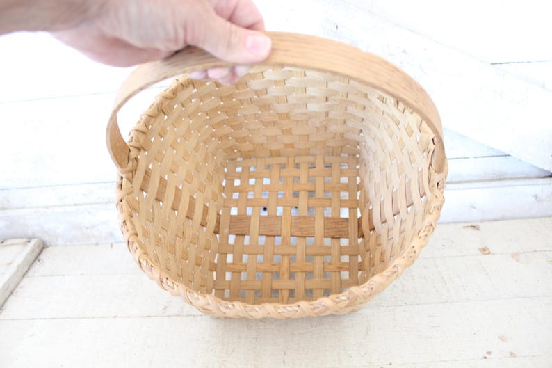 Vintage Hand-crafted Gathering Basket With Oak Wood Splint Handle ...