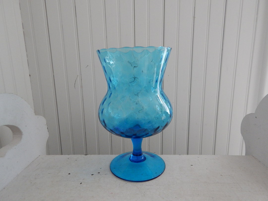 Vintage Blue Pedestal Glass Vase Mid Century Modern Glassware Colored