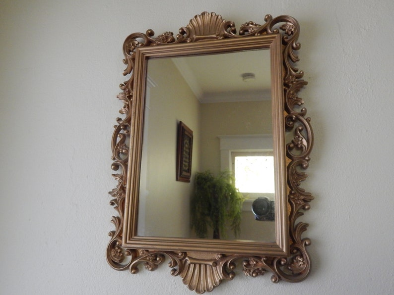 Antique Gold Fancy Scroll Wall Mirror Hollywood Regency Vintage Homco Bath Hall Bedroom Vanity Girls Room
