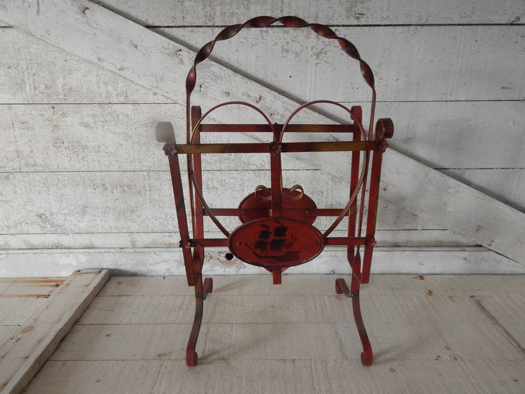 Vintage Twisted Red Metal Magazine Rack W/ Tall Sailing Ship Stenciled ...