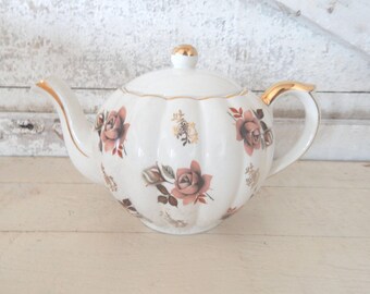 Vintage Gibson's Staffordshire Rose Teapot – Salmon Floral, Gold Trim