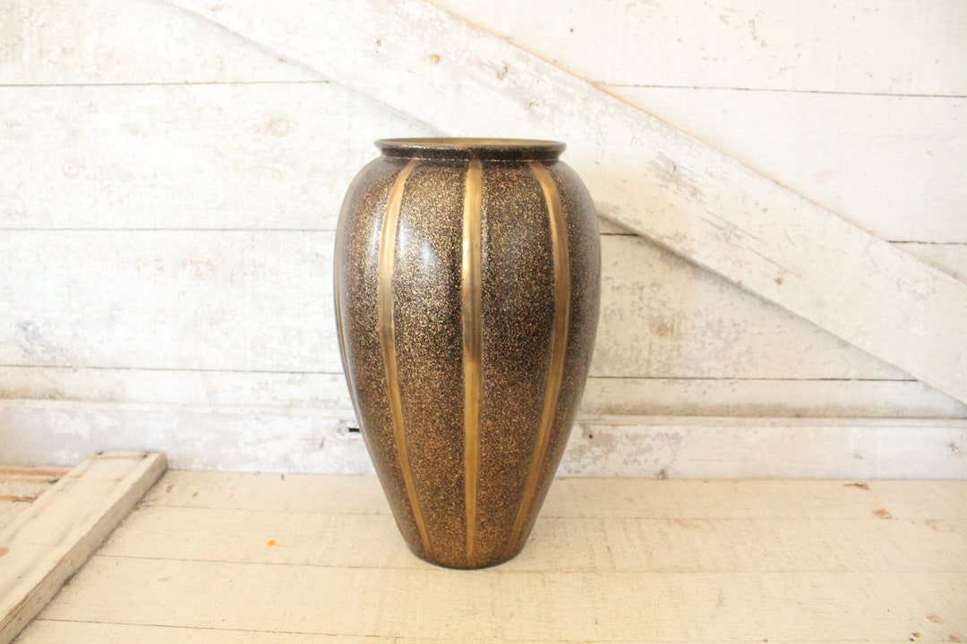 Vintage Large Brass Vase With Stippled Black Finish Oversized Brass