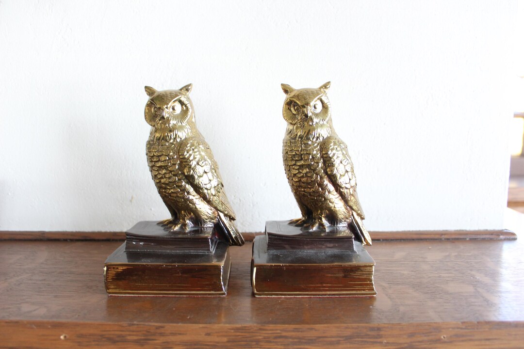 Vintage Brass Owl Bookends Gold & Black Heavy Metal Book