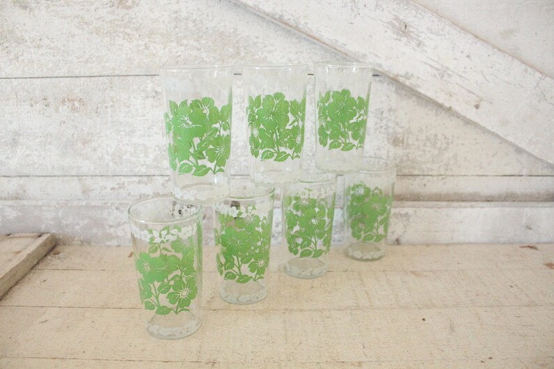 Vintage Green & White Glass Tumblers Set of Drinking Glasses Etsy