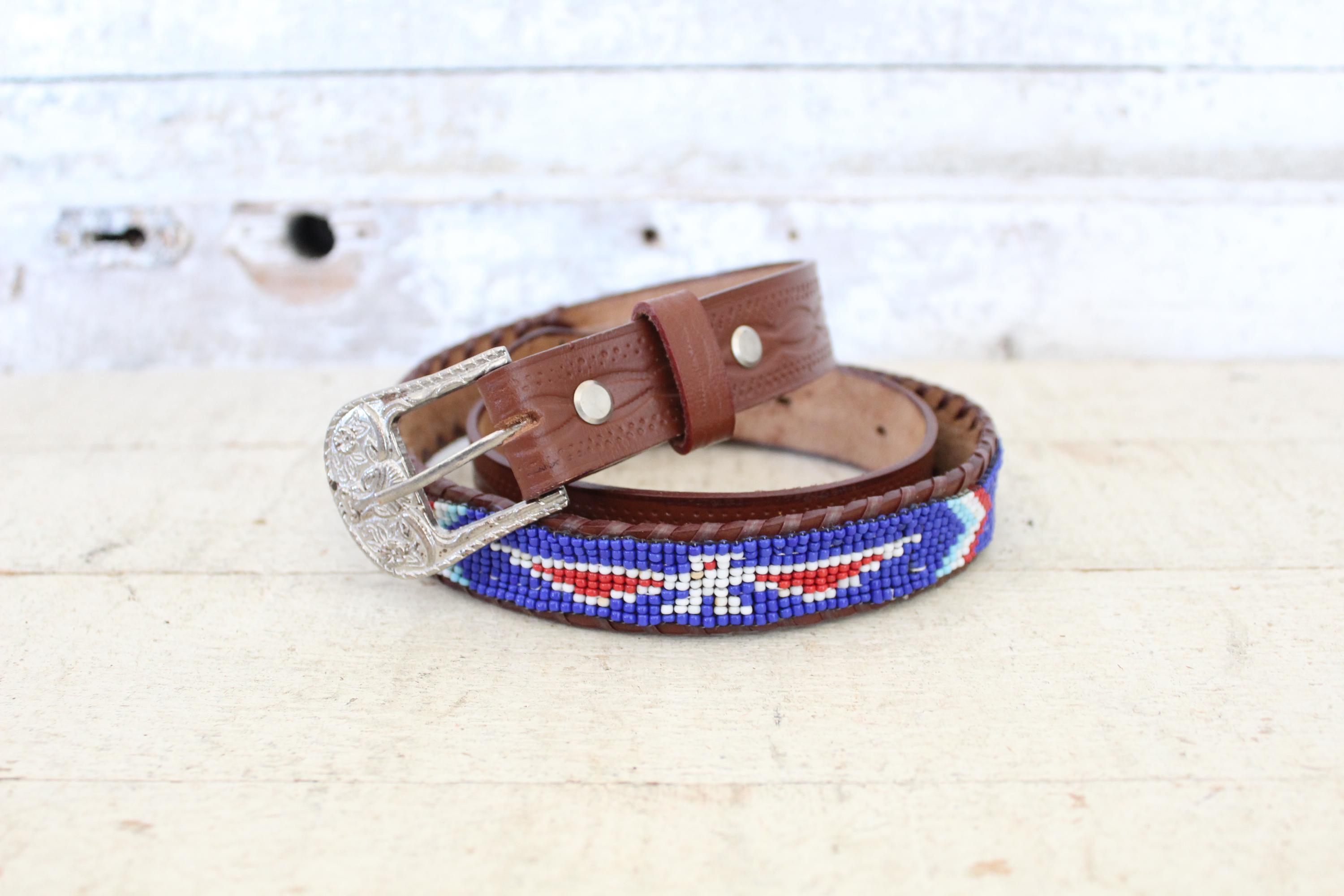 Vintage Beaded Leather Native American Indian Belt - Size 32