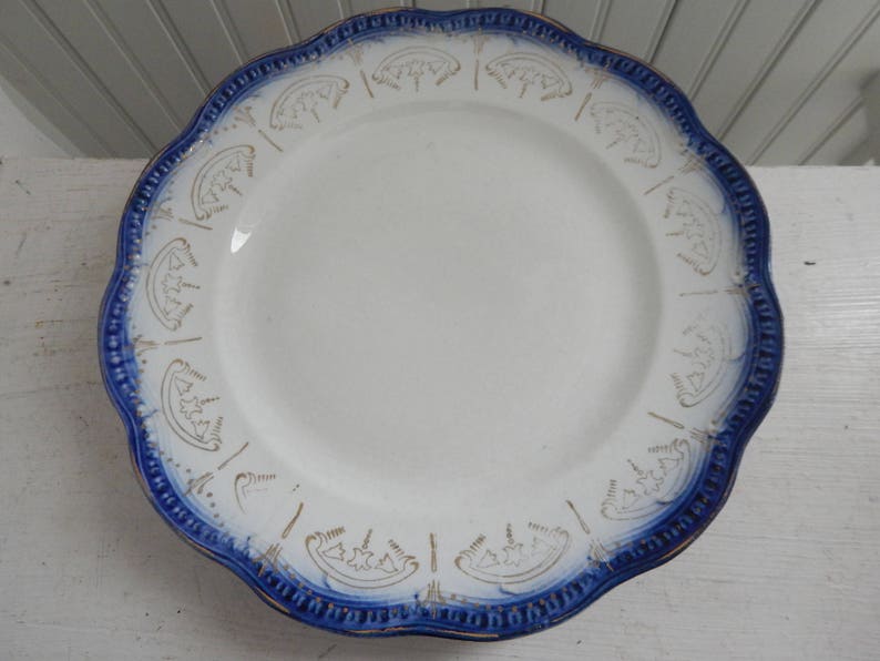 Victorian Era Flow Blue Dinner Plate with Gold Gilt Highlighting Antique Flow Blue Dinner Plate Trenle Royal Underglaze Blue Dinner Ware