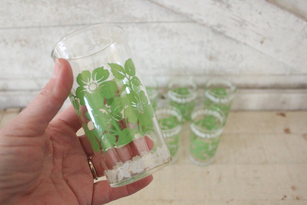 Vintage Green & White Glass Tumblers Set of Drinking Glasses Etsy
