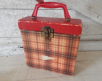 1960s Red Plaid 45-rpm Record Box and Record Collection - 1960s Red Plaid Record Case with Handle - Vintage Record Case and Vinyl Collection