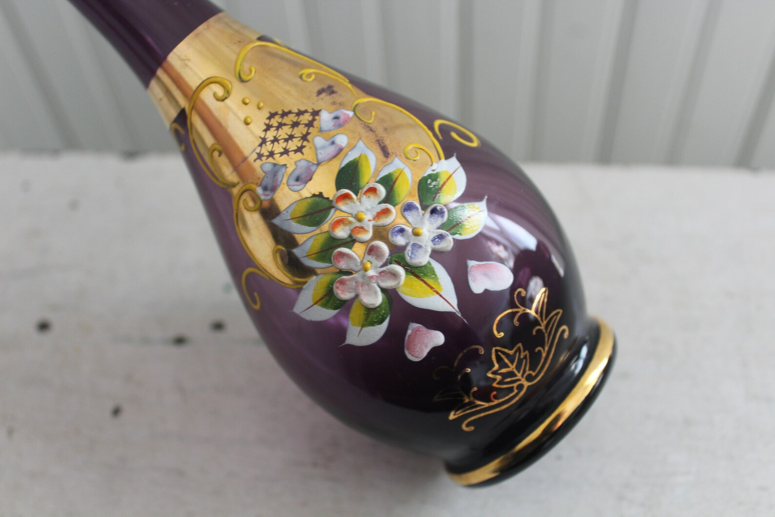 Vintage Murano Purple Glass Vase With Gold Floral Design Etsy