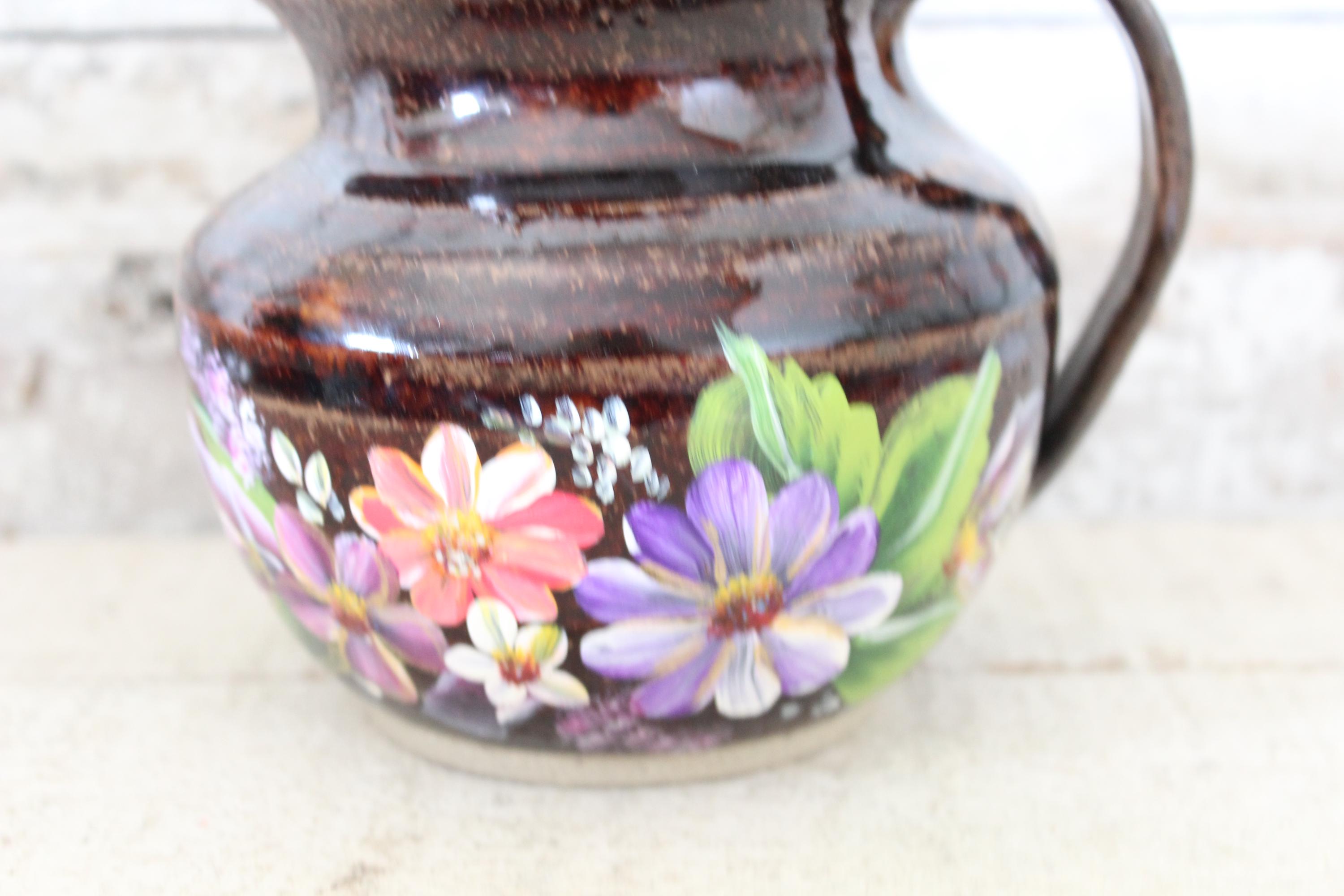 Vintage Hand Thrown Studio Pottery Pitcher With Hand Painted Floral ...