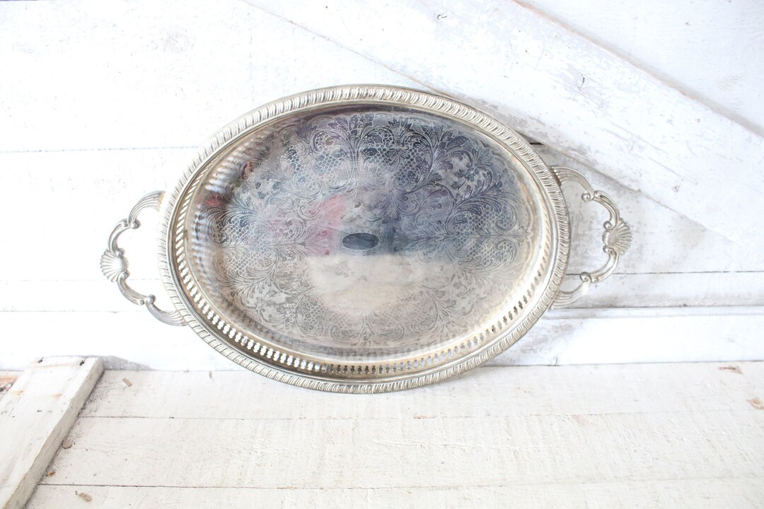 Vintage Silver Serving Tray W/ Handles Embossed/etched Etsy