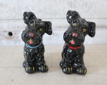 Vintage Scottie or Terrier Ceramic Dog Figurines - Pair of 1940's Black Pottery Scottie Dogs -- Dog Lover Gift - Collectible Dog Figurines