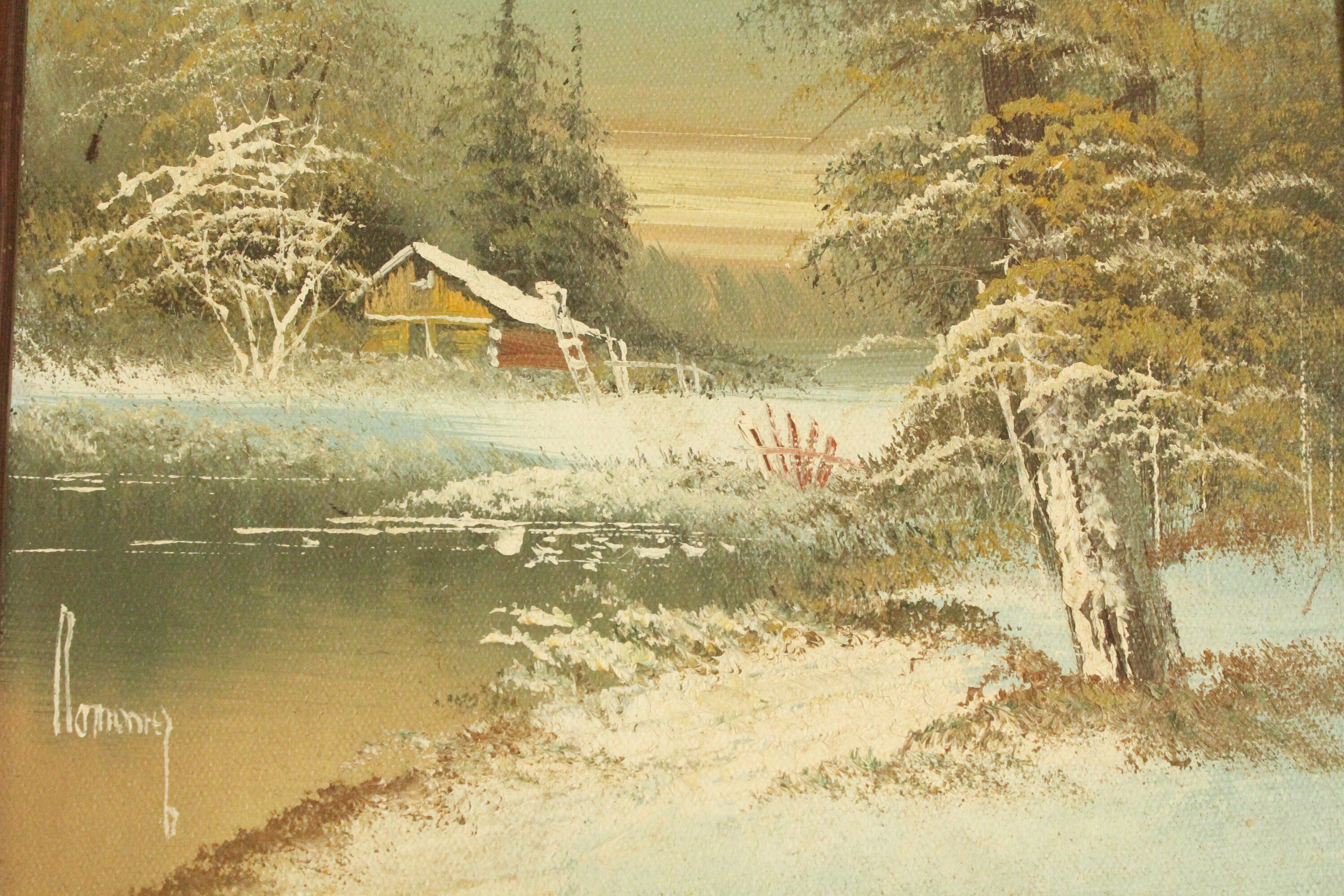 Vintage Original Oil Painting - Winter Cabin in the Woods Oil Painting ...